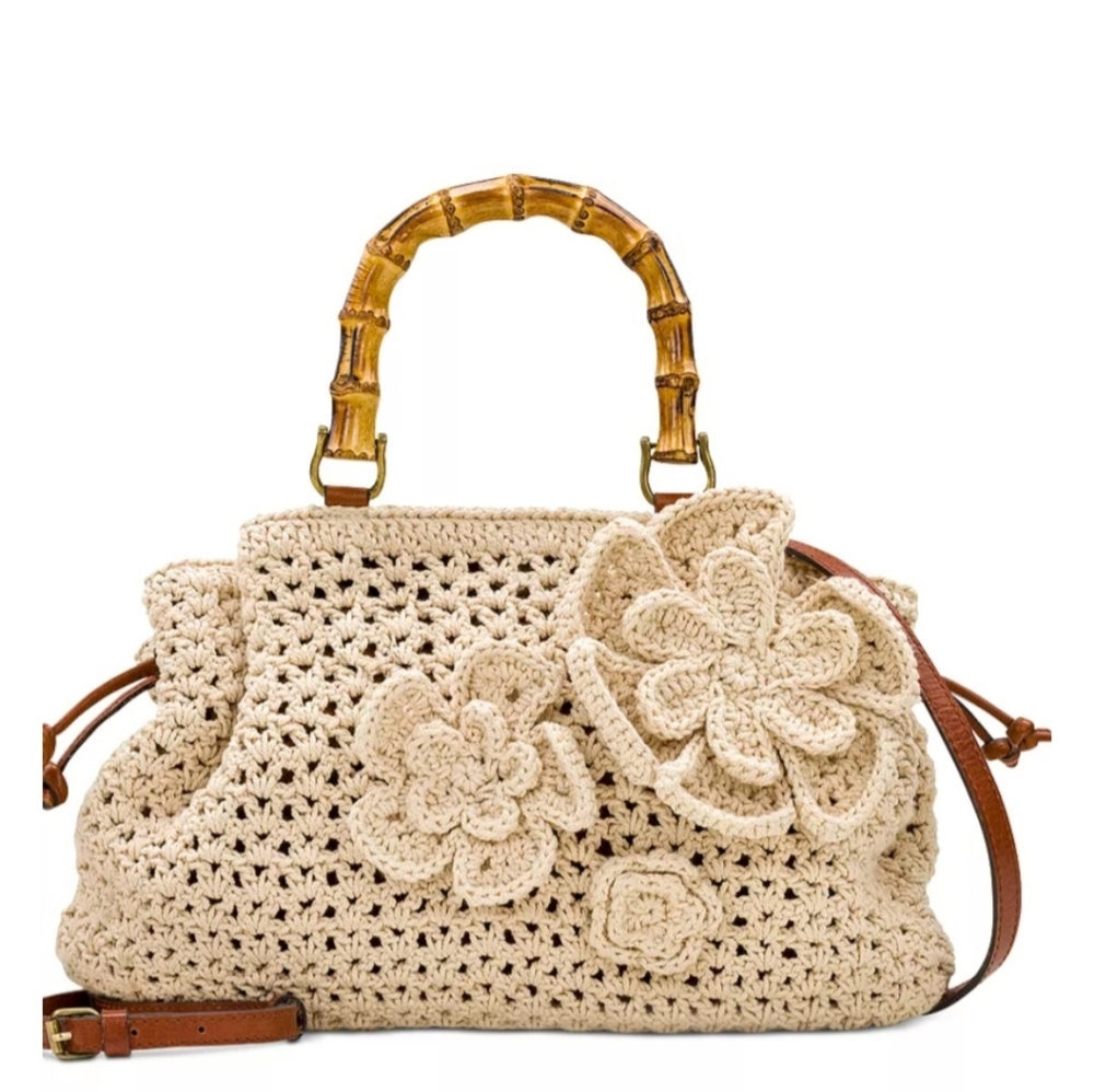 Patricia Nash Cantinella Crochet  3-D Floral Bamboo Handles Crossbody Bag NWT